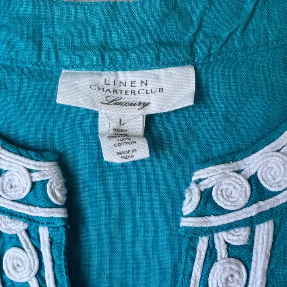 Charter Club Luxury Linen Embroidered Teal Sleeveless Top Women Size Large - Picture 8 of 8